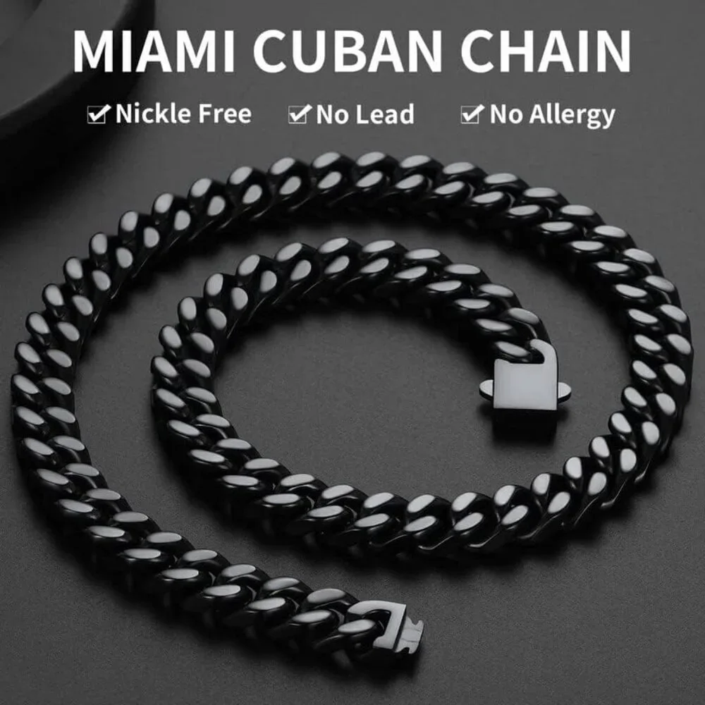 Men's 12mm Width Steel Black 18K Gold Plated Cuban Durable Hip Hop Chain Jewelry
